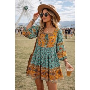 Boho Floral Mini Dress in Teal & Mustard